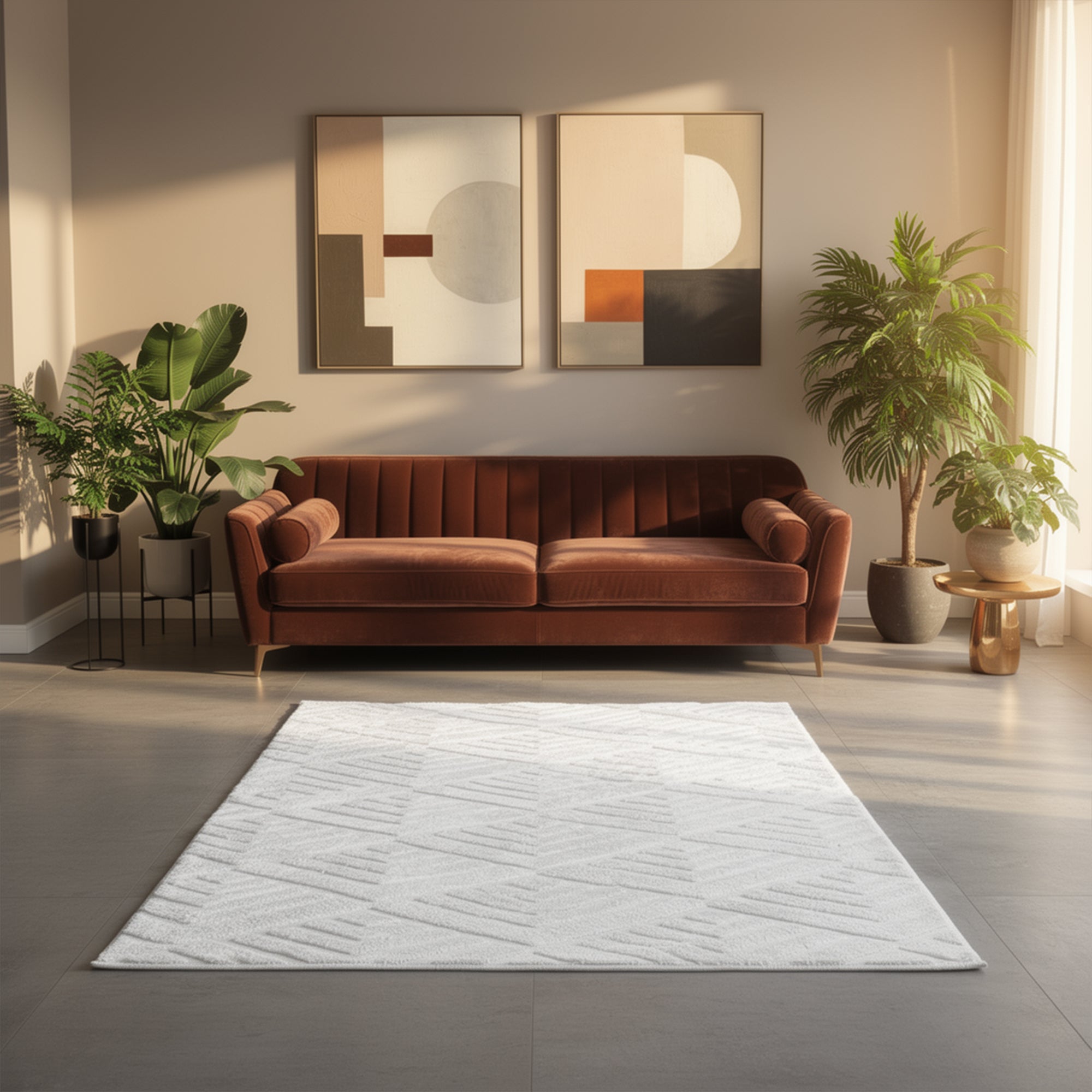 Patterned White Plush Area Rug