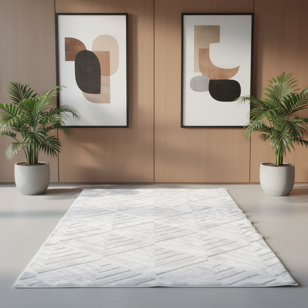 Patterned White Plush Area Rug
