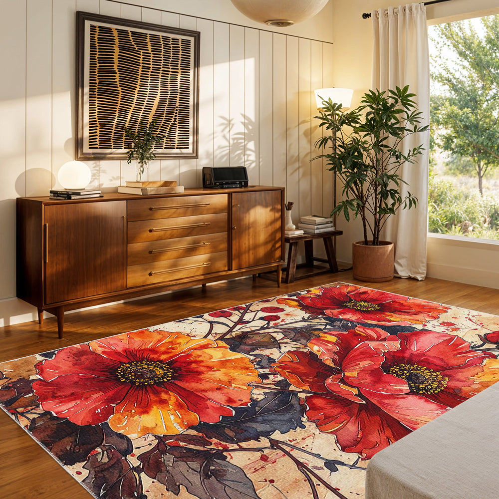 Hualalai Area Rug, Washable Rugs, Floral Rugs, Floral Carpets
